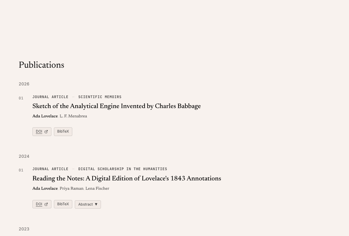 The Editor template's publications page, with papers grouped by type and formatted as citations.