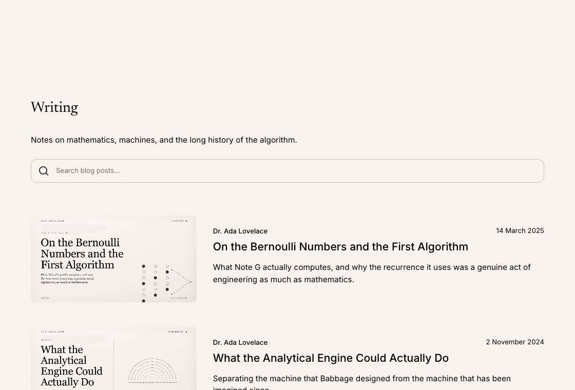 The Editor template's writing page, showing post covers and a search field.